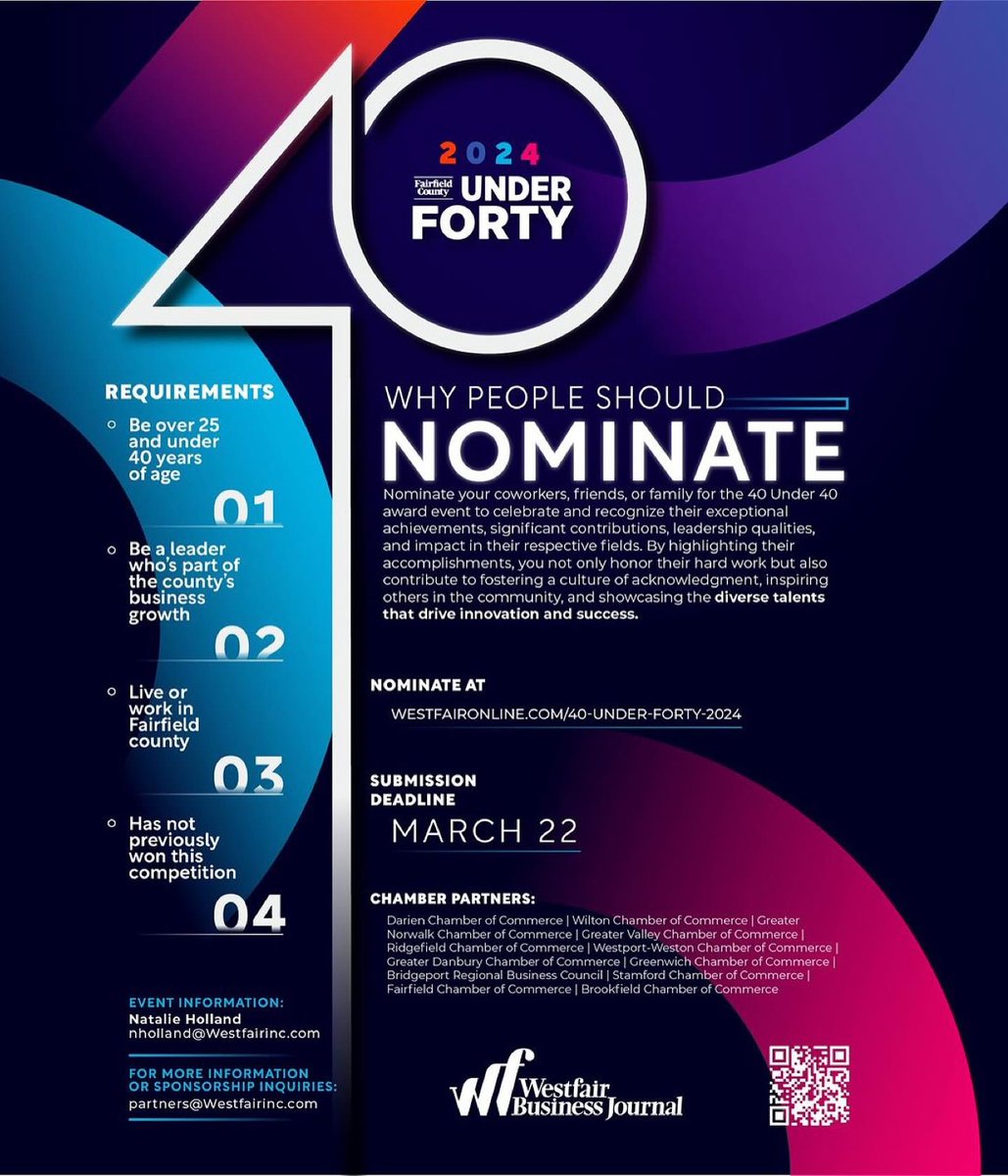 Nominate someone under forty years of age to be recognized for outstanding leadership skills. The deadline for submissions is March 22nd. #darien #darienct #livedarien #fairfieldcounty #shoplocal #shopdarien #fortyunderforty #westfairbusinessjournal