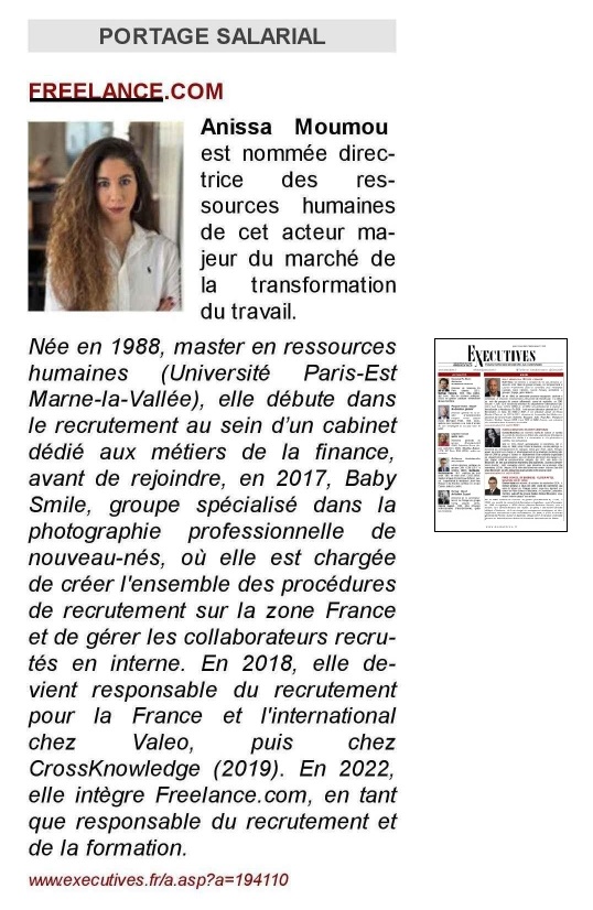 #Nomination d'Anissa Moumou en tant que #DHR de Freelance.com via @ExecutivesFr