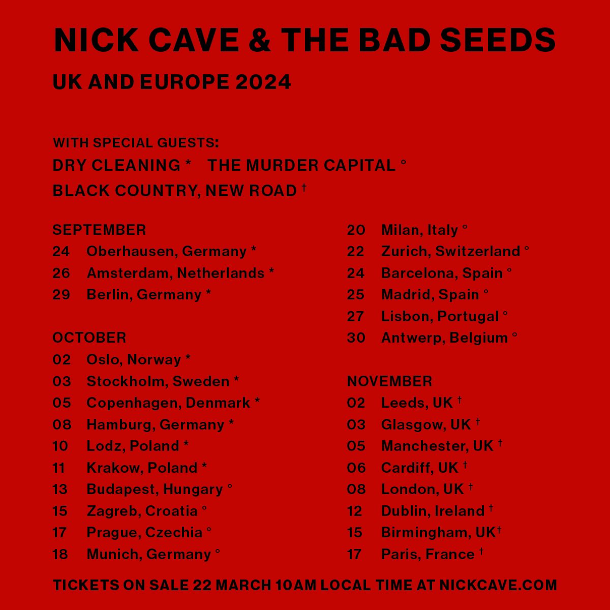 Read it again and again. We’re joining Nick Cave & The Bad Seeds this October across Europe for ‘The Wild God Tour’. Tickets on sale Friday 22nd March at 10am local time at NickCave.com @nickcave