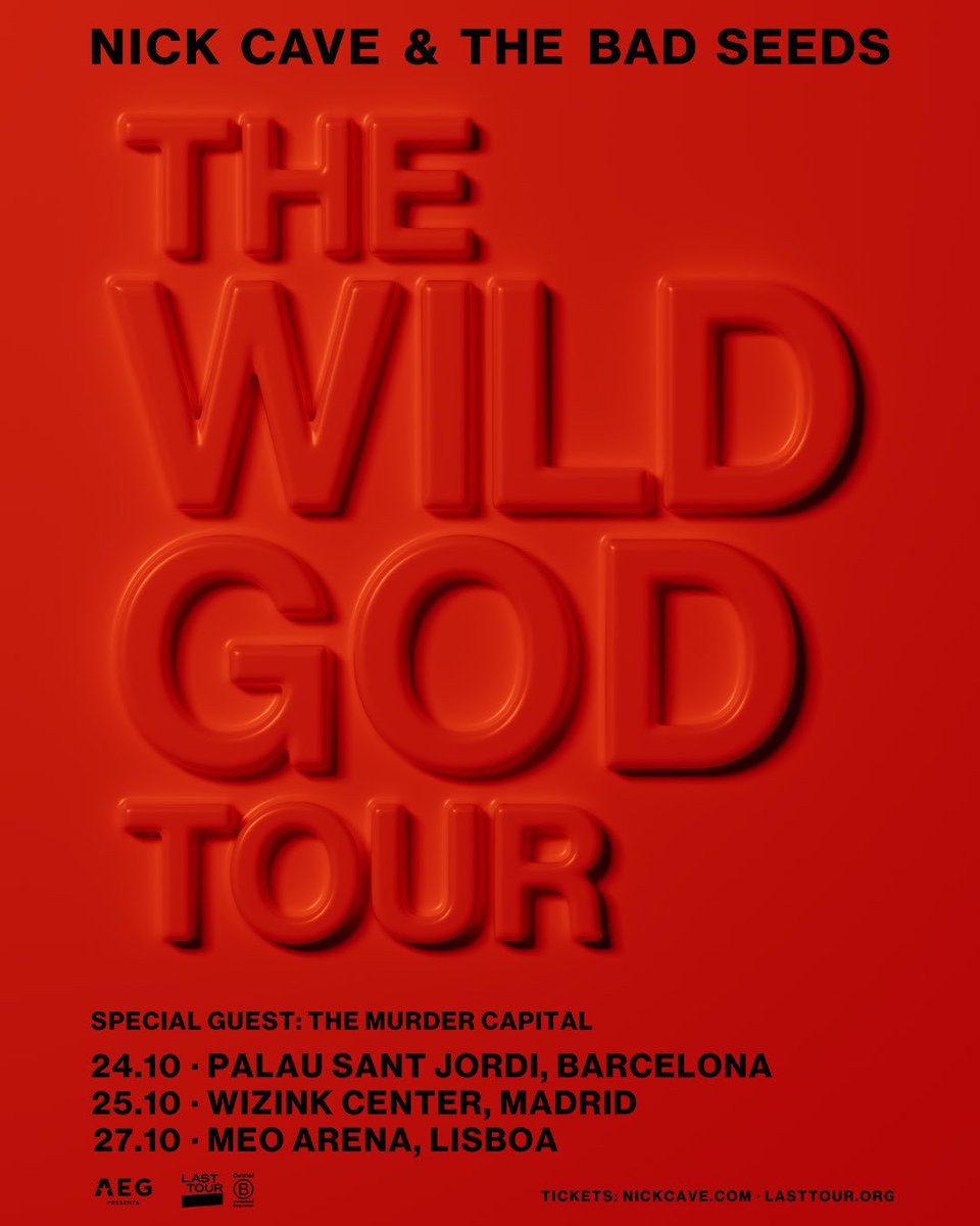 Nick Cave llega a España y Portugal dentro de su gira “The Wild God Tour” el 24 de octubre en el Palau Sant Jordi de Barcelona, el 25 de octubre en el WiZink Center de Madrid y el 27 de octubre en el MEO Arena de Lisboa. Pre Sale cloud.lasttour.info/NIC24_Preventa…