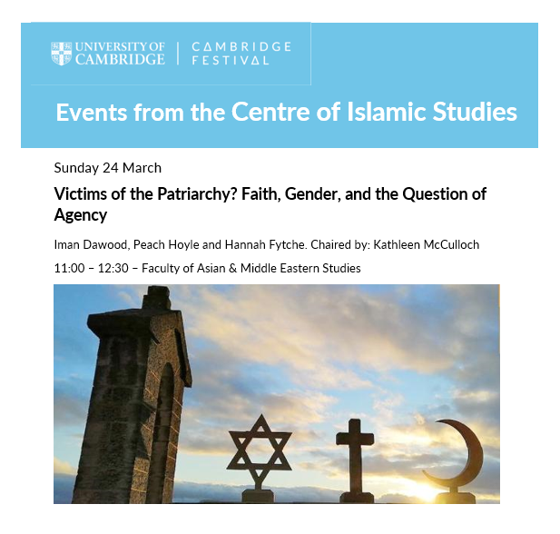 2024 <a href="/Cambridge_Fest/">Cambridge Festival</a> is underway.
Of interest—
Pembroke (<a href="/pembroke1347/">Pembroke College Cambridge</a>) host 2-part prayers for peace, Saturday 16.3: festival.cam.ac.uk/events/interfa…
Sun 24.3, Kathleen McCulloch chairs faith, gender &amp; agency panel, w @CamUni_CIS in Asian &amp; Middle Eastern Studies: festival.cam.ac.uk/events/victims…