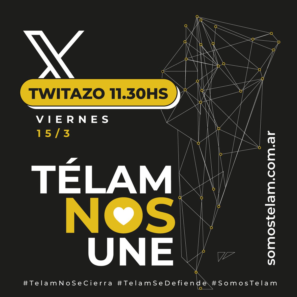 aRGra (@argra_) on Twitter photo *⚠️ TWITAZO POR TÉLAM ⚠️*Ahora
📱sumate al #Twitazo
#TelamNoSeCierra
#TelamSeDefiende
#SomosTelam <a href="/somostelam/">Somos Télam</a>
TÉLAM desde la Antártida a la Quiaca visibiliza las voces de todo el país. ✊🏾 Defendamos la información. 🇦🇷 Defendamos nuestra agencia de bandera.
TÉLAM NOS UNE. *⚠️ TWITAZO POR TÉLAM ⚠️*Ahora
📱sumate al #Twitazo
#TelamNoSeCierra
#TelamSeDefiende
#SomosTelam <a href="/somostelam/">Somos Télam</a>
TÉLAM desde la Antártida a la Quiaca visibiliza las voces de todo el país. ✊🏾 Defendamos la información. 🇦🇷 Defendamos nuestra agencia de bandera.
TÉLAM NOS UNE.