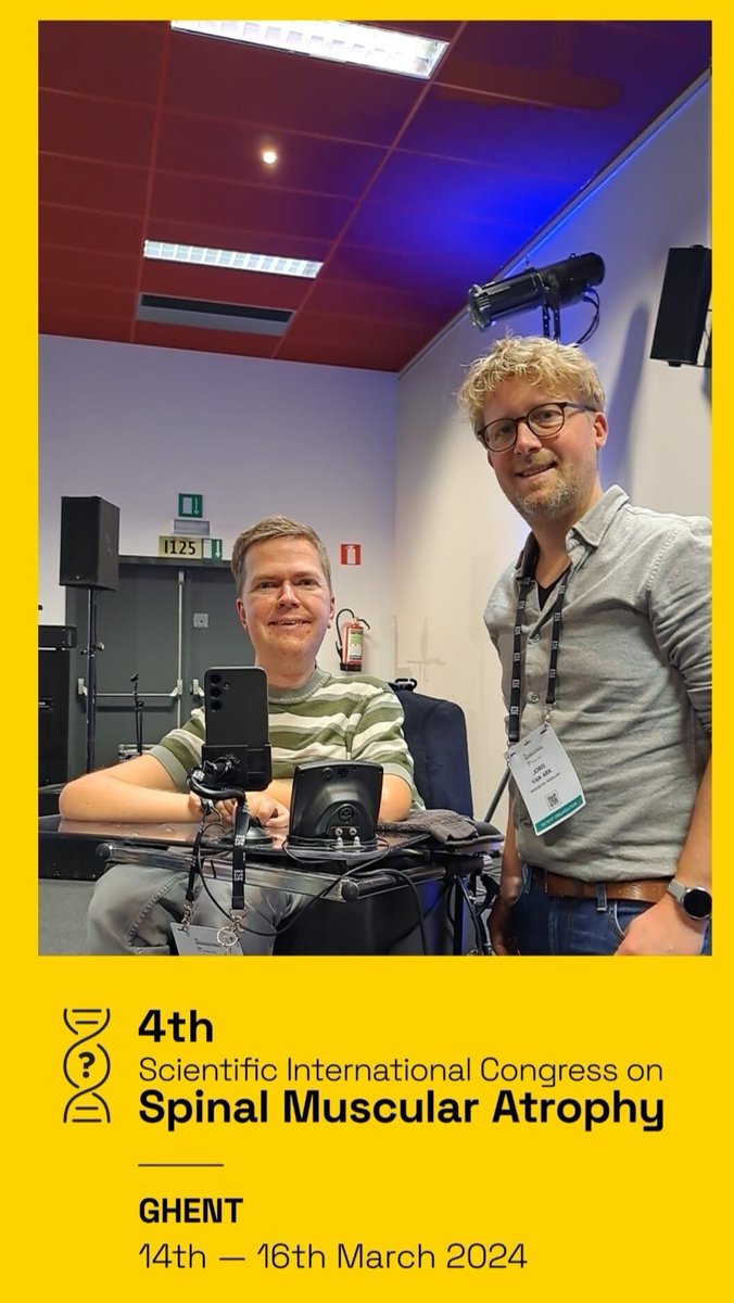 Joris van Ark (medicijnontwikkeling) en Stefan Bos (SMA werkgroep) vertegenwoordigen Spierziekten Nederland bij het SMA congres in Gent. Zo gaf Stefan een presentatie aan een volle zaal wetenschappers, belangenbehartigers &amp; patiëntenvertegenwoordigers uit 55 verschillende landen.