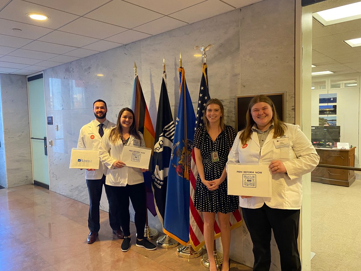 Advocacy in Action. WI pharmacists @briannagoen, Thomas Gaszak w/@kroger & Zoe Green w/@MCWPharmacy join APhA in meetings w/@RepGwenMoore & @SenatorBaldwin on #RxIMPACTHillDay to support #PBMReform & ECAPS to keep pharmacies open for patients! #HR1770 #forpharmacy @PSWpharmacists