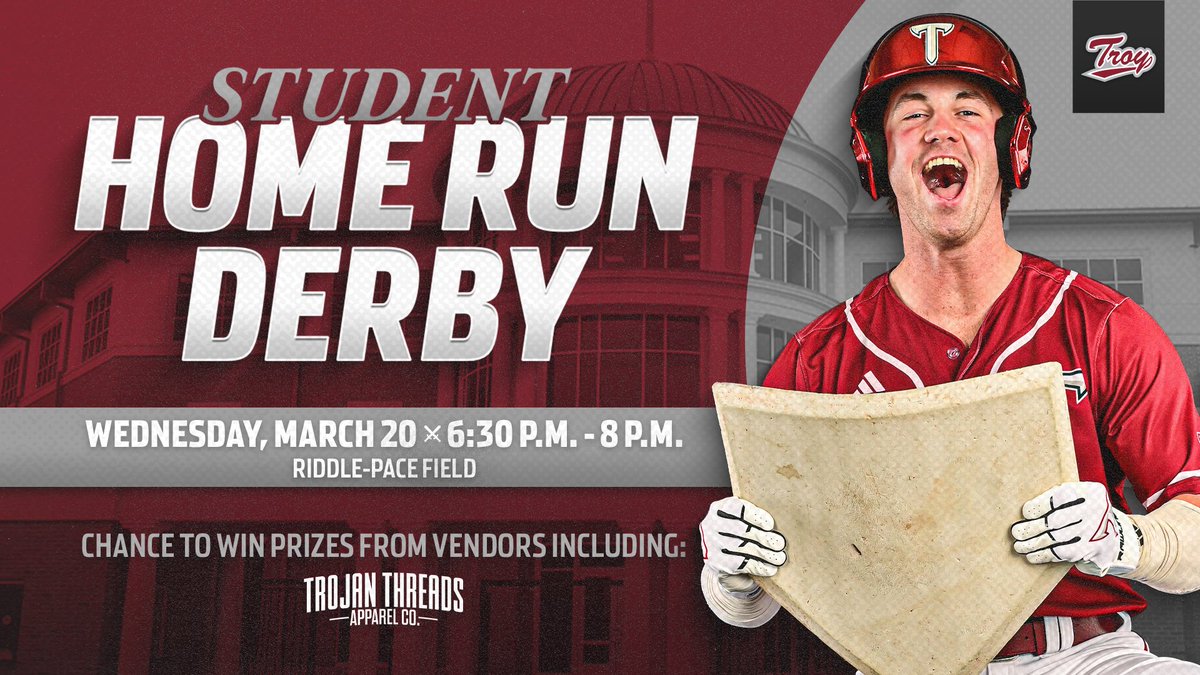 TroyAthletics's tweet photo. Students, you think you can hit it out of the park? Time to test your luck at the 𝙎𝙩𝙪𝙙𝙚𝙣𝙩 𝙃𝙤𝙢𝙚 𝙍𝙪𝙣 𝘿𝙚𝙧𝙗𝙮 on Wednesday, March 20 from 6:30-8 p.m.!

#OneTROY⚔️⚾️ https://t.co/LWVSmpubho