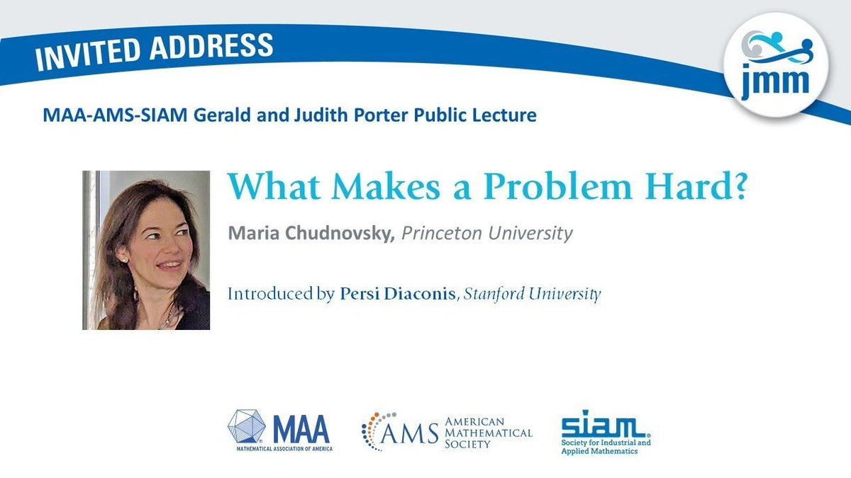 Maria Chudnovsky, Princeton University, gives the 2024 MAA-AMS-SIAM Gerald and Judith Porter Public Lecture on 'What Makes a Problem Hard?' @maanow @amermathsoc @TheSIAMNews Video: buff.ly/43lh8p3