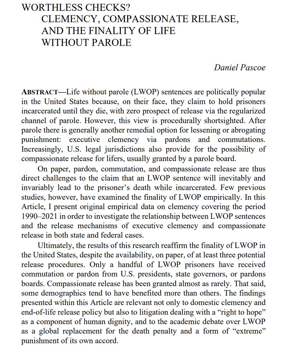 In Worthless Checks? Clemency, Compassionate Release, and the Finality of Life Without Parole, Prof. <a href="/DC_Pascoe/">Daniel Pascoe</a> of <a href="/CityUHongKong/">CityU Hong Kong</a> explores the mechanisms through which prisoners can gain clemency. He examines whether “life without parole” really means “life.” (1/2)