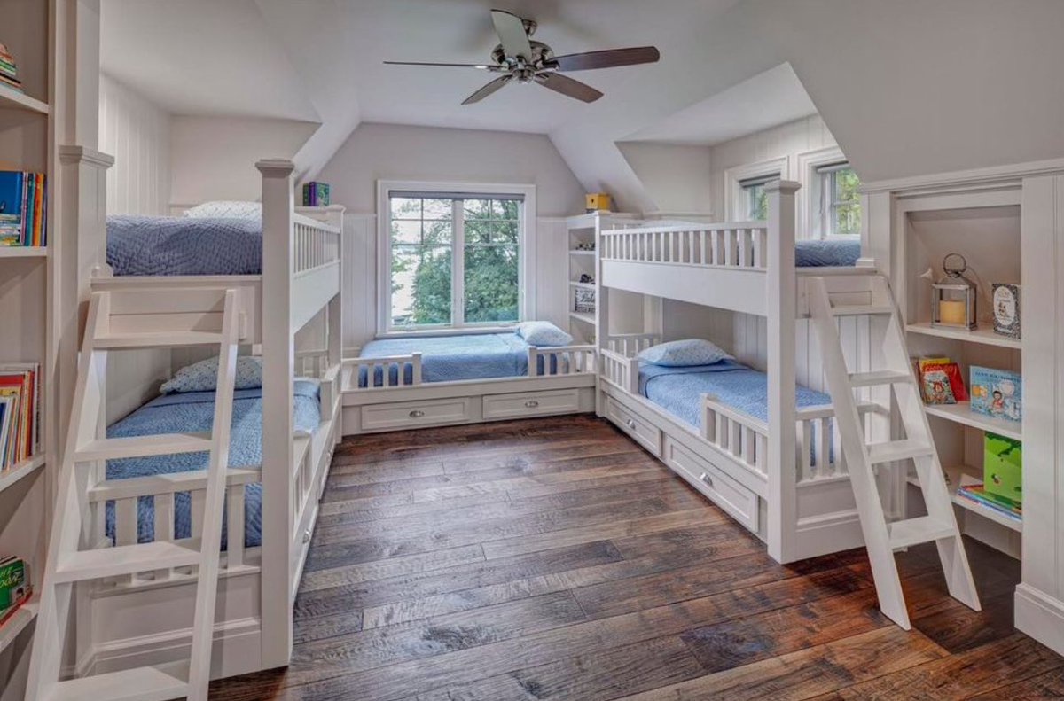 Embracing the warmth of family gatherings in this custom lake home was the homeowner’s goal. Picture this: five cozy bunk beds nestled in a room designed for shared laughter & unforgettable nights. Built-in shelves hold stories to be explored. #LakeLife #DesignBuild #CustomHomes