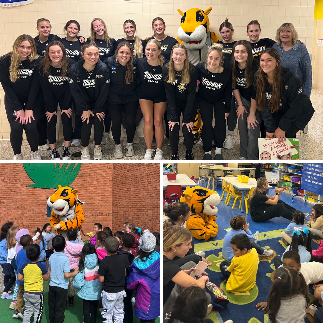 Last Friday, @towson_wsoc and Doc joined Dr. Christenson, Professor of Early Childhood, at Maree G. Farring Elementary School in Baltimore City to hang out with students and give out illustrated encyclopedias gifted by the Kahlert Foundation. #TUproud #multilinguallearners