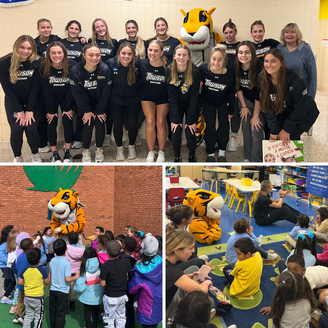 Last Friday, @towson_wsoc and Doc joined Dr. Christenson, Professor of Early Childhood, at Maree G. Farring Elementary School in Baltimore City to hang out with students and give out illustrated encyclopedias gifted by the Kahlert Foundation.  #TUproud #multilinguallearners