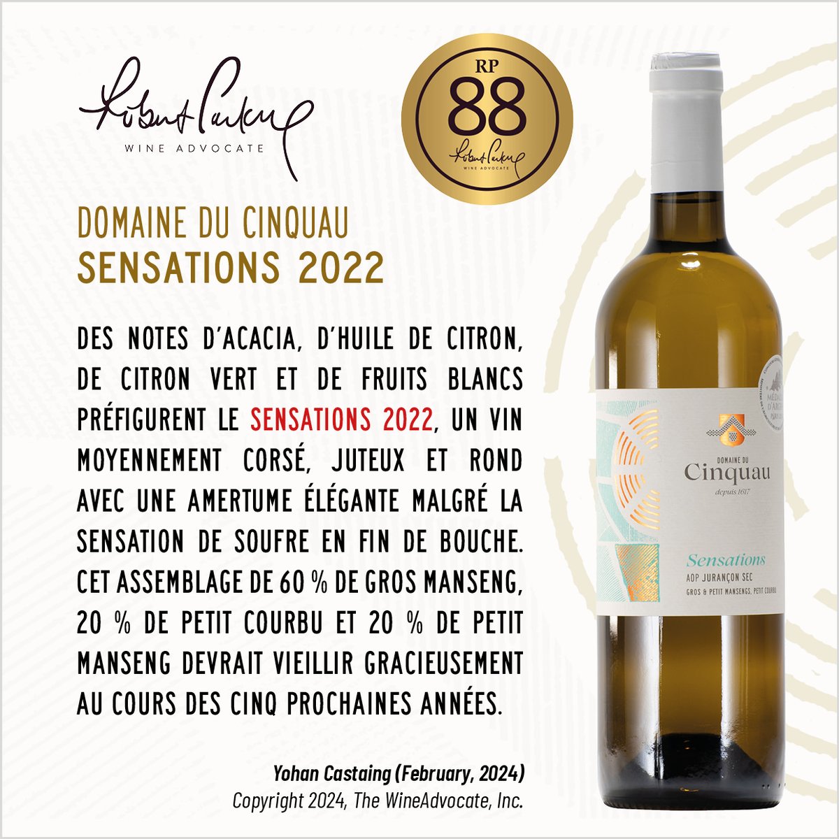 cinquau's tweet photo. Toujours plus haut avec de belles notes attribuées par The Wine Advocate de Robert Parker ! Notre travail reconnu et de nouvelles récompenses pour nos Jurançon Secs !
Retrouvez les sur notre boutique en ligne !
#juranconsec #degustation #jurançon #wineadvocate #recompenses https://t.co/Tn69b1wfhN