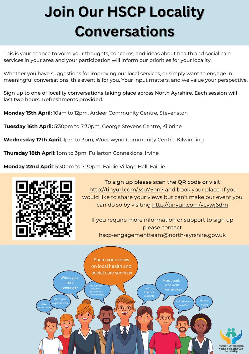 We're holding Locality Conversation events this April at venues across North Ayrshire, and we'd love you to come along and share your views. Register at tinyurl.com/3su75nn7. Alternatively, you can share your thoughts online at tinyurl.com/ycywj6dm