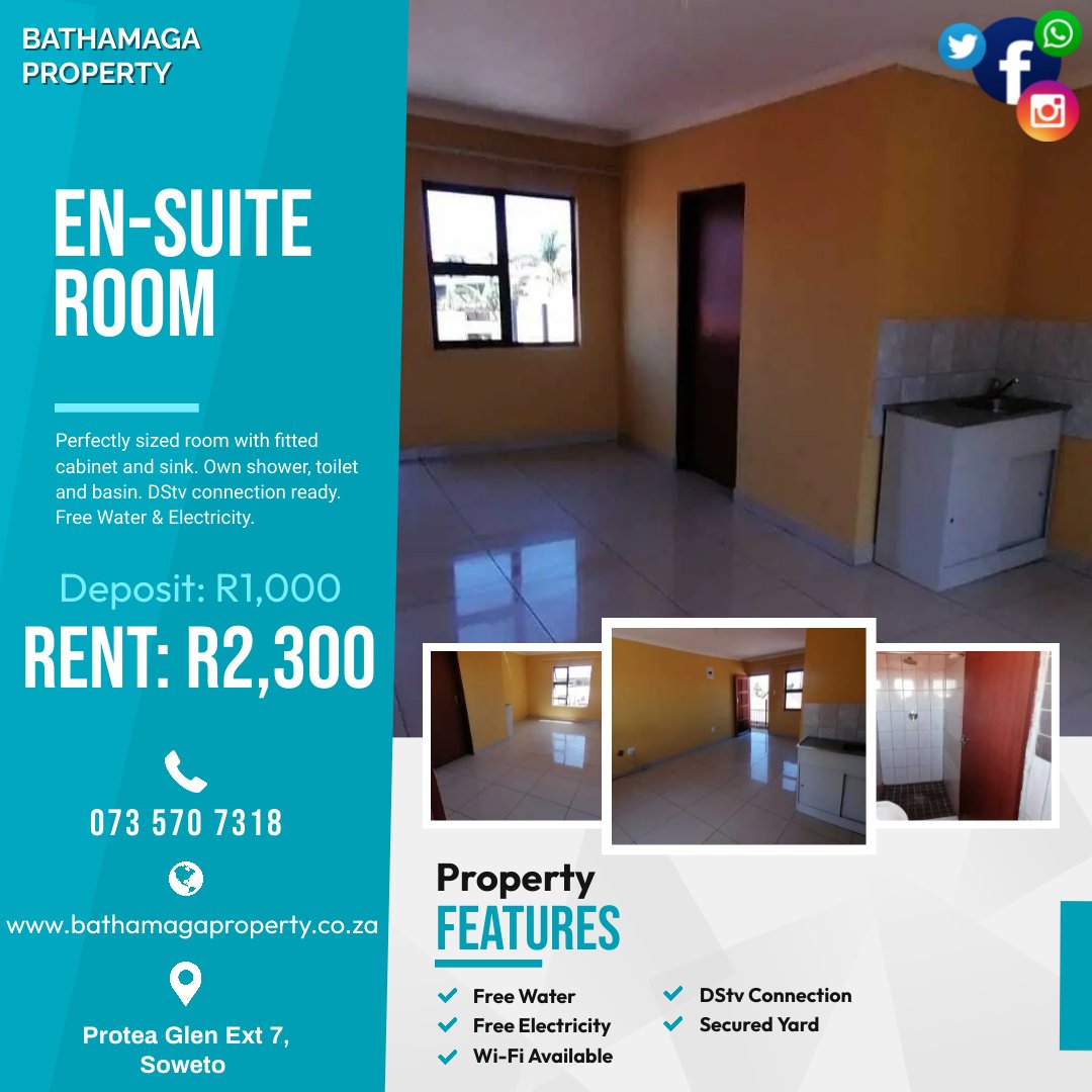 #RealEstate #property #propertytorent #roomtorent #housetorent #apartmentstorent

🏡 En-suite room 
📍 Protea Glen Ext 7
🏷 R2,300 pm
🛋 Open Plan 
🛜 Wi-Fi Available 
🚰 Free Water 
💡 Free Electricity
📞 Lebo 073 570 7318 

Get full details: 

🔗 bathamagaproperty.co.za/property/en-su…