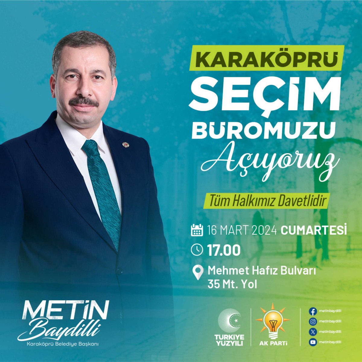 Akbayır Mahallesi Mehmet Hafız Bulvarı'ndaki seçim büromuzun açılışına tüm halkımız davetlidir.

🗓️ 16 Mart 2024 Cumartesi

⏱️ 17.00

📌 35 Mt. Yol Üstü Mehmet Hafız Bulvarı