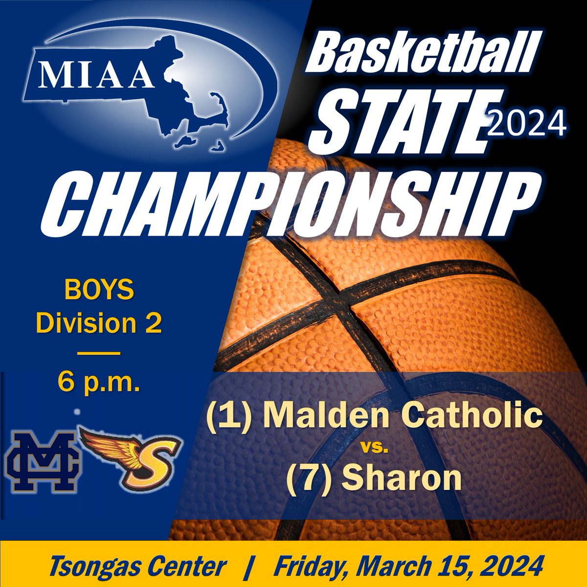 🏀 STATE CHAMPIONSHIP GAME DAY 🏆 @MCathletics1 @SHSEagleAD 🎟️ Tickets: tsongascenter.evenue.net/events/MIAAB?_… 📹 Live stream: nfhsnetwork.com/events/miaa/ga… 👩‍👩‍👧‍👦Fan seating sections: Malden Catholic (home): 116-120 ... Sharon (away): 104-108 📣 📖 Rosters/history: miaa.net/wp-content/upl…