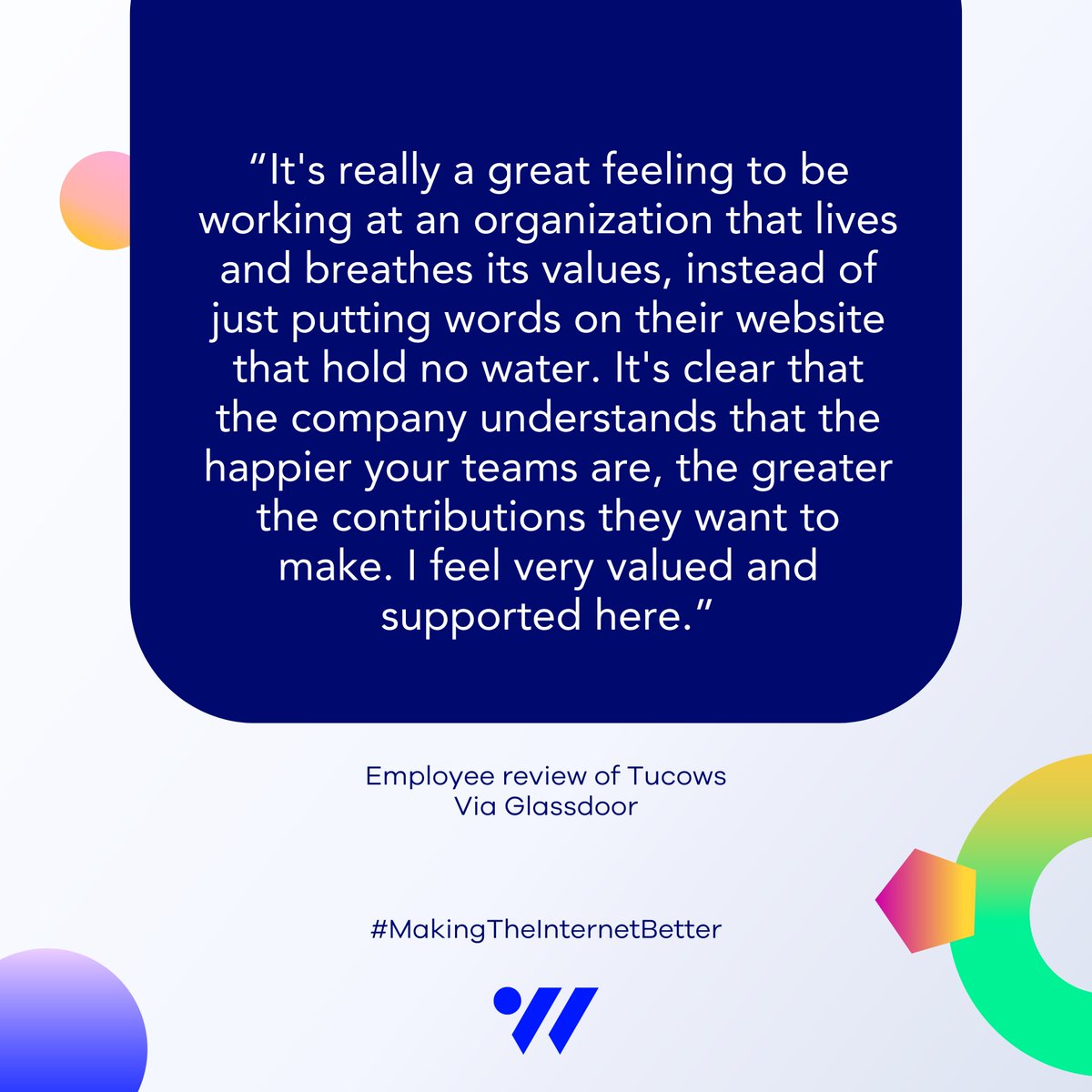 At Tucows, we bring our whole selves to work. It’s reviews like this that remind us how impactful an authentic and inclusive culture really is when it comes to happiness in the workplace. Review shared verbatim (please excuse spelling and grammar). #GlassdoorReviews