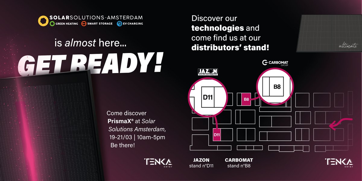 tenka_solar's tweet image. We&apos;re thrilled to invite you to Solar Solutions 2024, where innovation meets sustainability. Join us at our distributor&apos;s stand to discover our technologies and be part of the exclusive unveiling of PrismaX at Innovation Boulevard! 
See you there!
#TenkaSolar #SolarSolutions2024