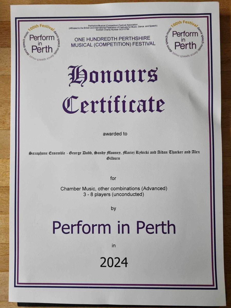 Huge congratulations to Aidan, Maciej, George, Sandy and Alex (Dollar Academy) for not only performing so well at the Perform in Perth competition but winning with honours for their section. Well done 🎷