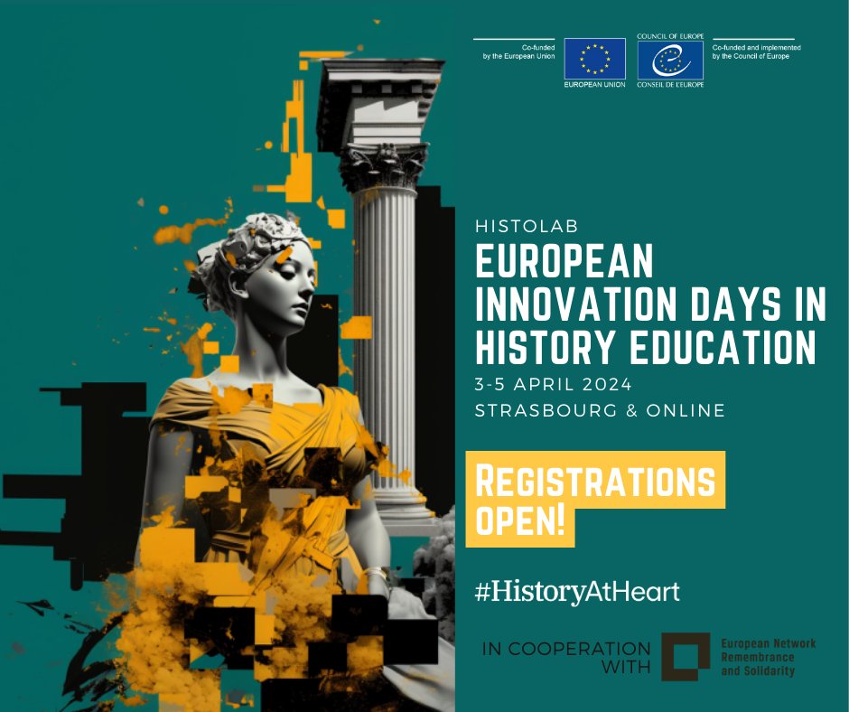 🇪🇺 The 2024 European Innovation Days in History Education are close ! 🖱️ Registrations for the online event are now open to everyone: eventbrite.fr/e/histolab-eur… Join us for 3⃣ inspiring days filled with new ways to #teach #history that foster #peace and #democracy #HistoryAtHeart