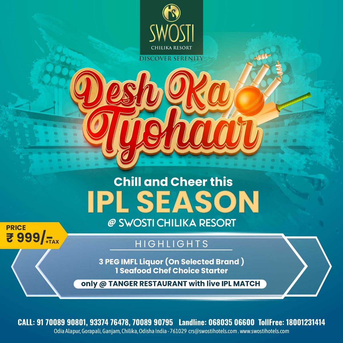 swostihotels's tweet photo. Experience the ultimate cricket extravaganza at Swosti Chilika Resort! Cheer for your IPL favorites and make memories that last! 🏏✨

Book Your Tables now:😊
M: 70089 90801, 70089 90795

#IPLSeason2024 #SwostiChilikaResort #bestresort #cricketlovers #cricketfans #Cricket https://t.co/8g2AtCNih0