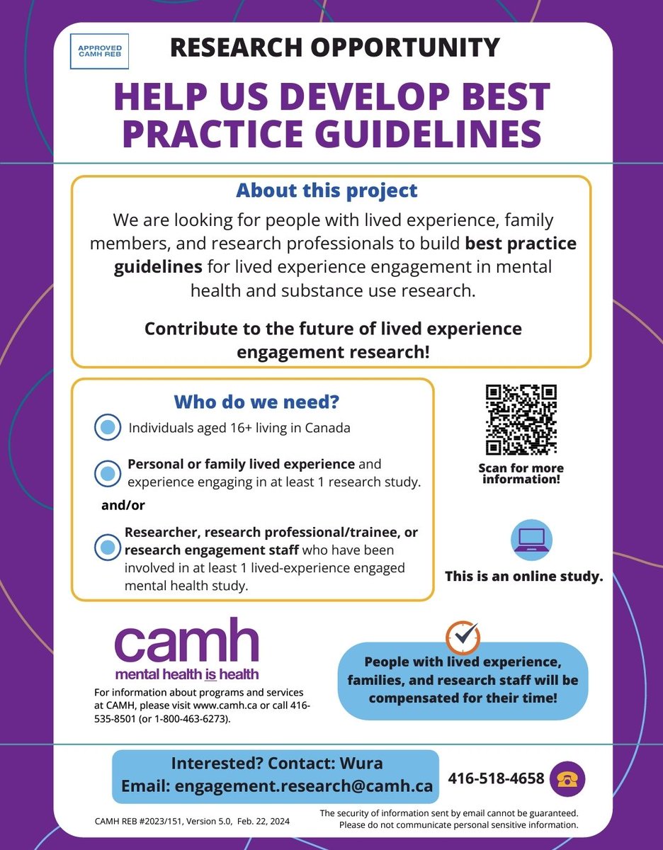 We need to hear from researchers, scientists, research staff, and engagement support staff about best practices for engagin mental health research ! @Passerelle_NTE @SPORAlliance @OSSUtweets @CAMHResearch #MentalHealthMatters #patientengagement