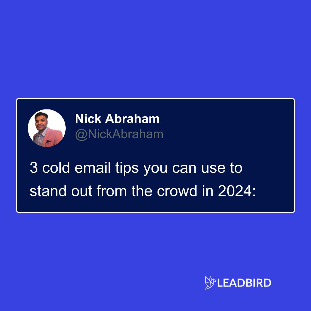 NickAbraham12's tweet photo. Almost every cold email looks the same in 2024.

Certain prospects see them and send them to junk right away.

You still may get meetings, but you aren't getting as many as you can.

Here are 3 tips you can use to stand out from the crowd: https://t.co/JnuRyzT5Py