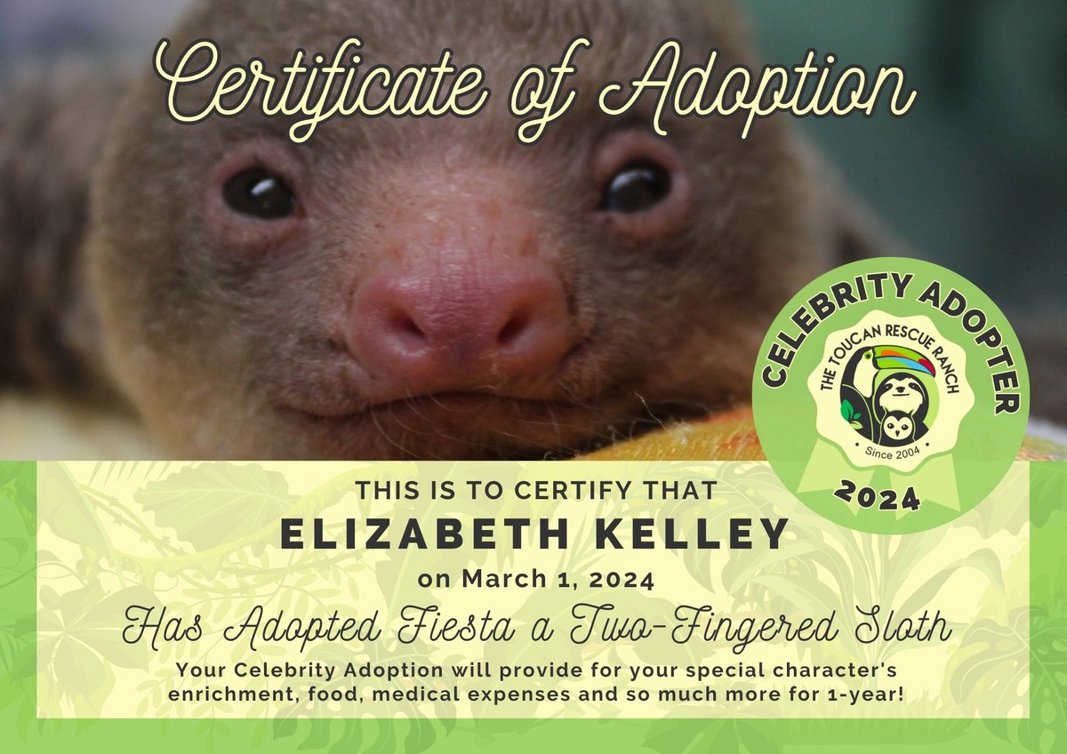 🌟CELEBRITY ADOPTION!🌟

 📣Shouting out another fantastic celebrity adopter today! A huge thank you to Elizabeth Kelley for adopting Fiesta, the baby two-fingered sloth! 

➡️For more information on our Symbolic Adoption Program, visit our website: bit.ly/TRRAdoptions