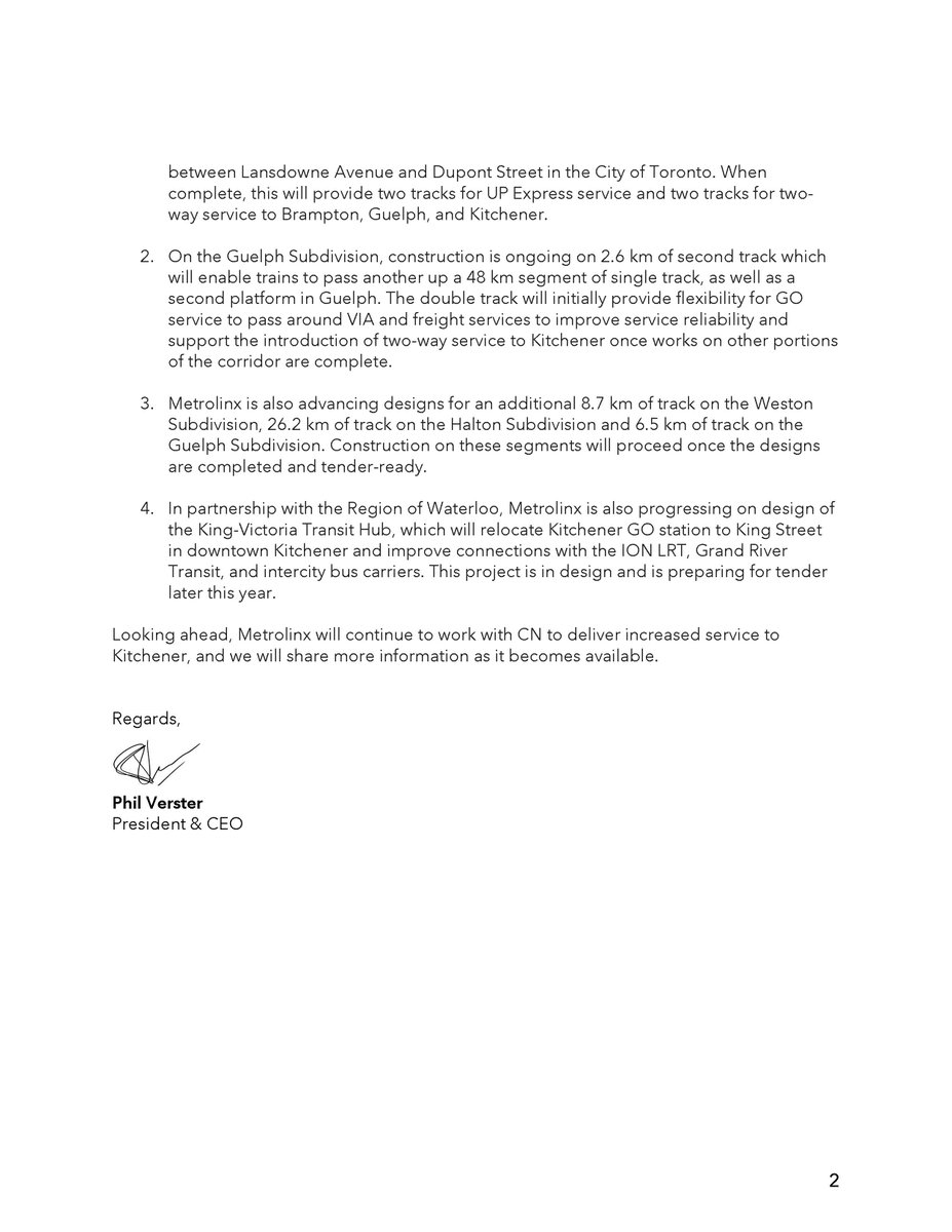 It's been a decade since two-way all-day GO trains between Kitchener and TO were first promised yet we still don’t even have a timeline for completion. Recently I had the chance to ask the Metrolinx CEO for answers. Two pages of reply, no timeline. We'll keep pushing for better