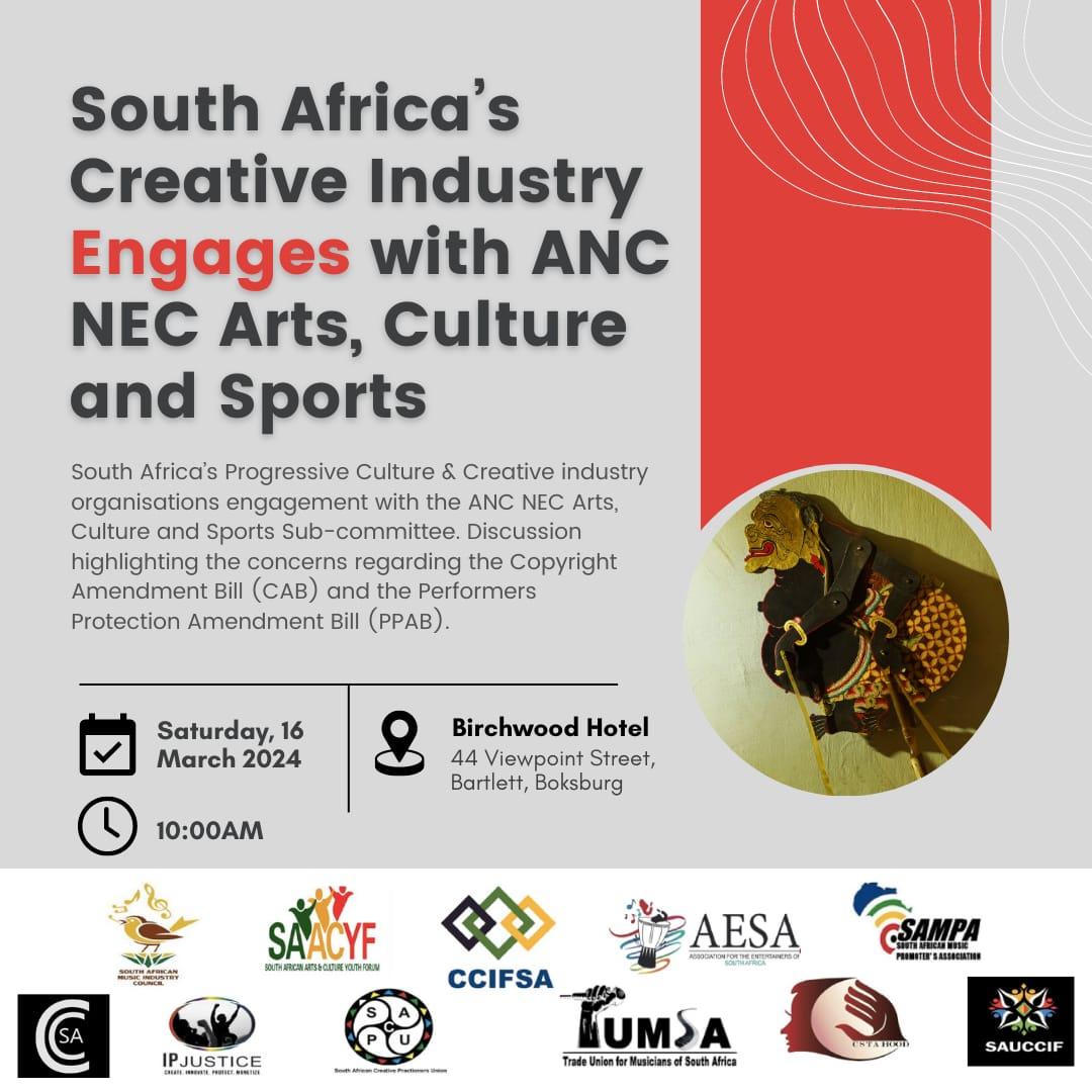 CCSA_Official's tweet photo. South Africa’s Progressive Culture &amp; Creative industry organisations meets with the ANC NEC Arts, Culture and Sports sub-committee to discuss concerns regarding the Copyright Amendment Bill and the Performers Protection Amendment Bill.
#ActNow #ProtectSACreatives #StopCAB https://t.co/wQFTgnFCnN