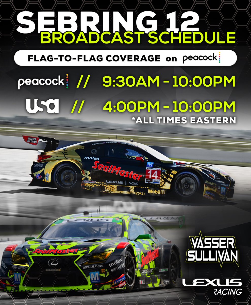 Tomorrow we go all out for 12 hours in the fight for the historic #Sebring12! Don’t miss the action on @usanetwork beginning at 4PM ET or watch flag-to-flag coverage on @peacock beginning at 9:30AM ET. #LexusRacing #LexusPerformance #Mobil1racing