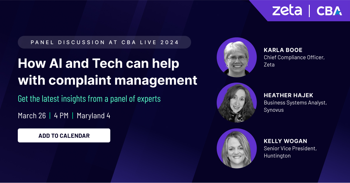 Empower your complaint resolution strategy! 
Get expert insights from Zeta's Chief Compliance Officer, Karla Booe

March 26 | 4 PM | CBA Live 2024 | Maryland 4
Add to Calendar: hubs.ly/Q02nG60R0

#Zeta #CBALive2024 #ComplaintResolution #AI