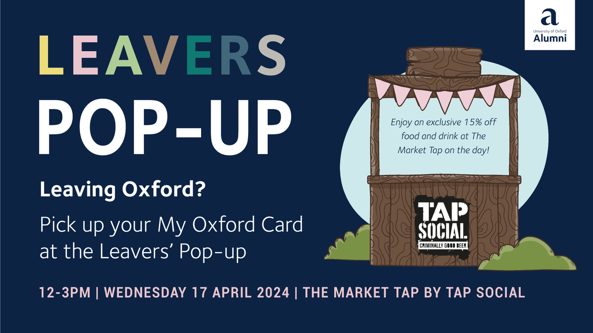 Calling all @UniofOxford @OxUniStudents! Finishing your studies in March - April? Join us on 17 April at The Market Tap by @tapsocialbrew for the Leavers’ Pop-up. Collect your My Oxford Card and explore post-grad opportunities! 🎓🤩 Register: alumni.ox.ac.uk/event/leavers-…