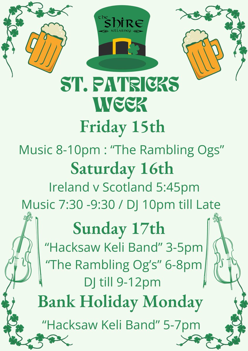 Our St Patricks Celebrations kick off tonight with Music from 8 so pop in and lets get this party started. 
#stpatricksday #theshirekillarney #lovekillarney
