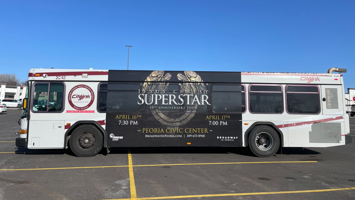 We are pleased to share that the Ameren Illinois Broadway in Peoria Series at the @PeoriaCivicCntr has added a new King Kong sign to CityLink bus 2242 featuring Jesus Chris Superstar! Visit their website for show/ticket info. bit.ly/4cfaHIy