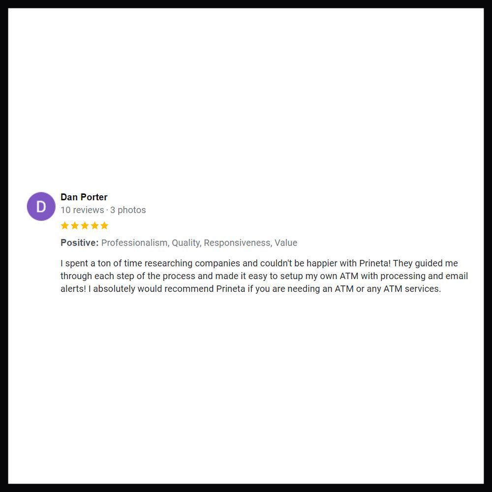 Prineta's tweet image. Thank you Dan for this awesome review of our ATM transaction processing services! 

#Prineta #PrinetaUSA #ATMProcessing #ATMTransactionProcessing #ATMNetwork #ATMProcessor #ATMSales #BuyAnATM #ATMPurchase #BuyATM #ATMCompany #ATMWholesaler #ATMProviders #ATMVendor #ATMCompanies