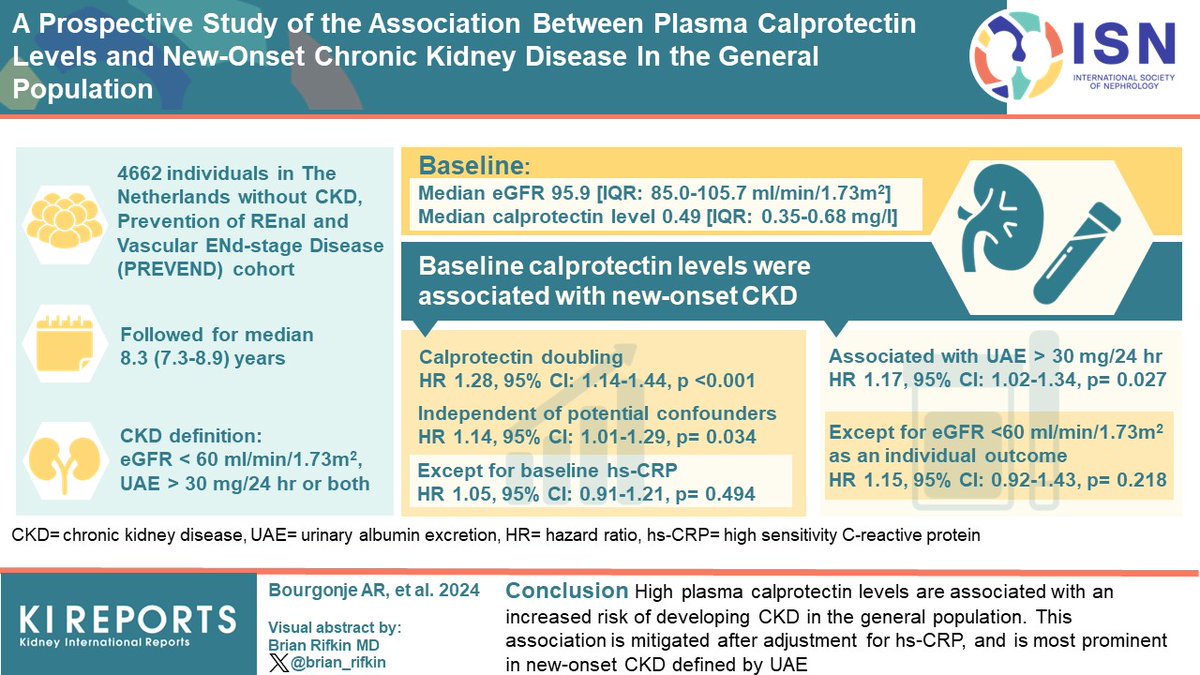 KIReports's tweet image. A Prospective Study of the Association Between Plasma #Calprotectin Levels and New-Onset Chronic Kidney Disease #CKD in the #GeneralPopulation

#VisualAbstract by @brian_rifkin

kireports.org/article/S2468-…

@BourgonjeArno