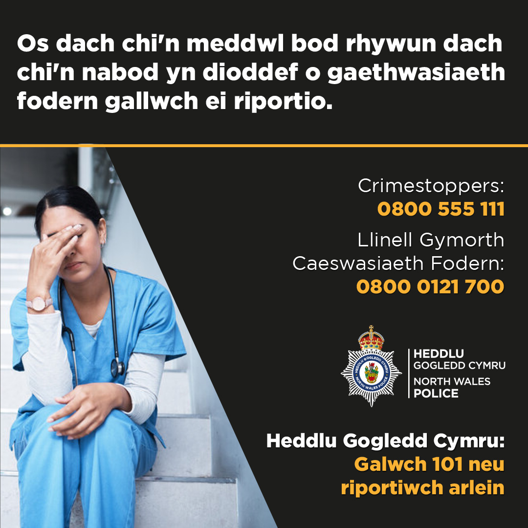 #AdnabodArwyddion caethwasiaeth fodern: 👉 Gweithio mwy nag oriau arferol 👉 Bod 'ar alw' 24 awr y dydd 👉 Amodau byw gwael Riportiwch am gaethwasiaeth fodern ar-lein ➡️ orlo.uk/Rym1c Neu drwy Crimestoppers 📞 0800 555 111 #YmAidant