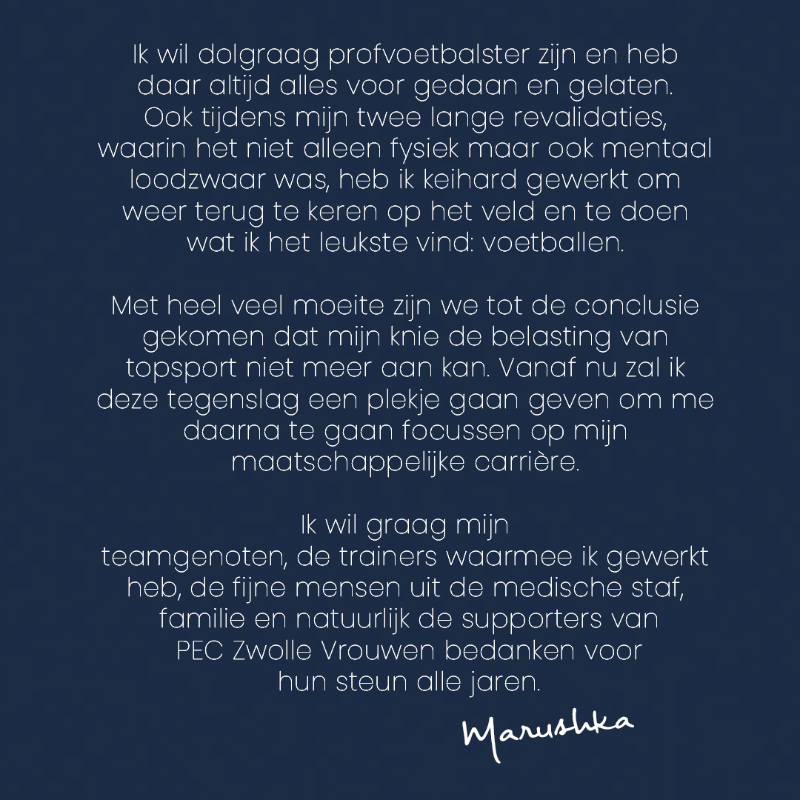 PECVrouwen's tweet photo. Bedankt, Marushka 💙

📰 | Marushka van Olst zet noodgedwongen na dit seizoen punt achter topsport carriére.

#peczwollevrouwen