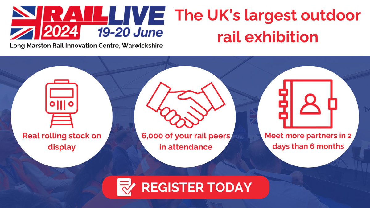 🚄 Experience the #Rail Live difference: 1. See real rolling stock on display 2. Meet more potential partners in 2 days than you could in 6 months: 3. Network with over 6,000 attendees And that is just scratching the surface 😉 Register now: ow.ly/9zu250QSxOU