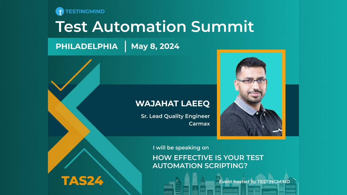 testingmindcon's tweet image. 🌟We are thrilled to announce our esteemed speaker, Wajahat Laeeq from Carmax at Test Automation Summit in Philadelphia on May 8, 2024 🌟
Secure your spot now: testingmind.com/event/tas2024/…
#TestAutomation #PhiladelphiaSummit #AutomationScripting