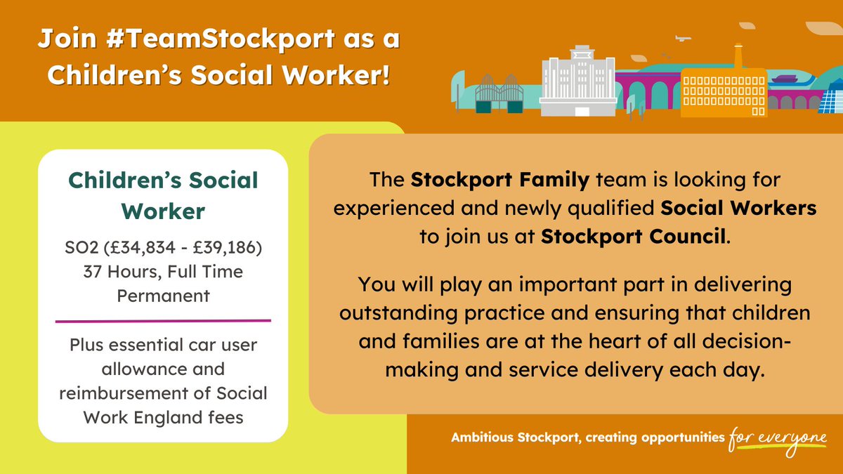 Passionate about Relationship based #SocialWork?

We are looking for Children’s Social Workers to join us at #TeamStockport. Find out more and #apply here orlo.uk/t1Vx9

#AmbitiousStockport #SocialWork #SocialWorkCareers
