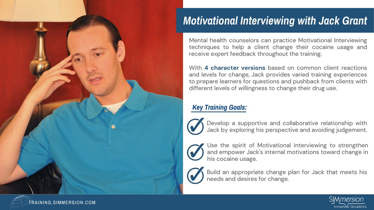 Unlock the power of motivation with #SIMmersion! Our Motivational Interviewing Training can empower you to skillfully guide individuals toward positive drug use changes. Let's get started! 💙💡 #MotivationalSkills