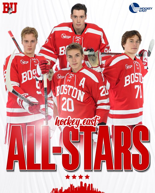 Hockey East All-Stars graphic featuring posed photos of Tom Willander, Mathieu Caron, Macklin Celebrini and Lane Hutson