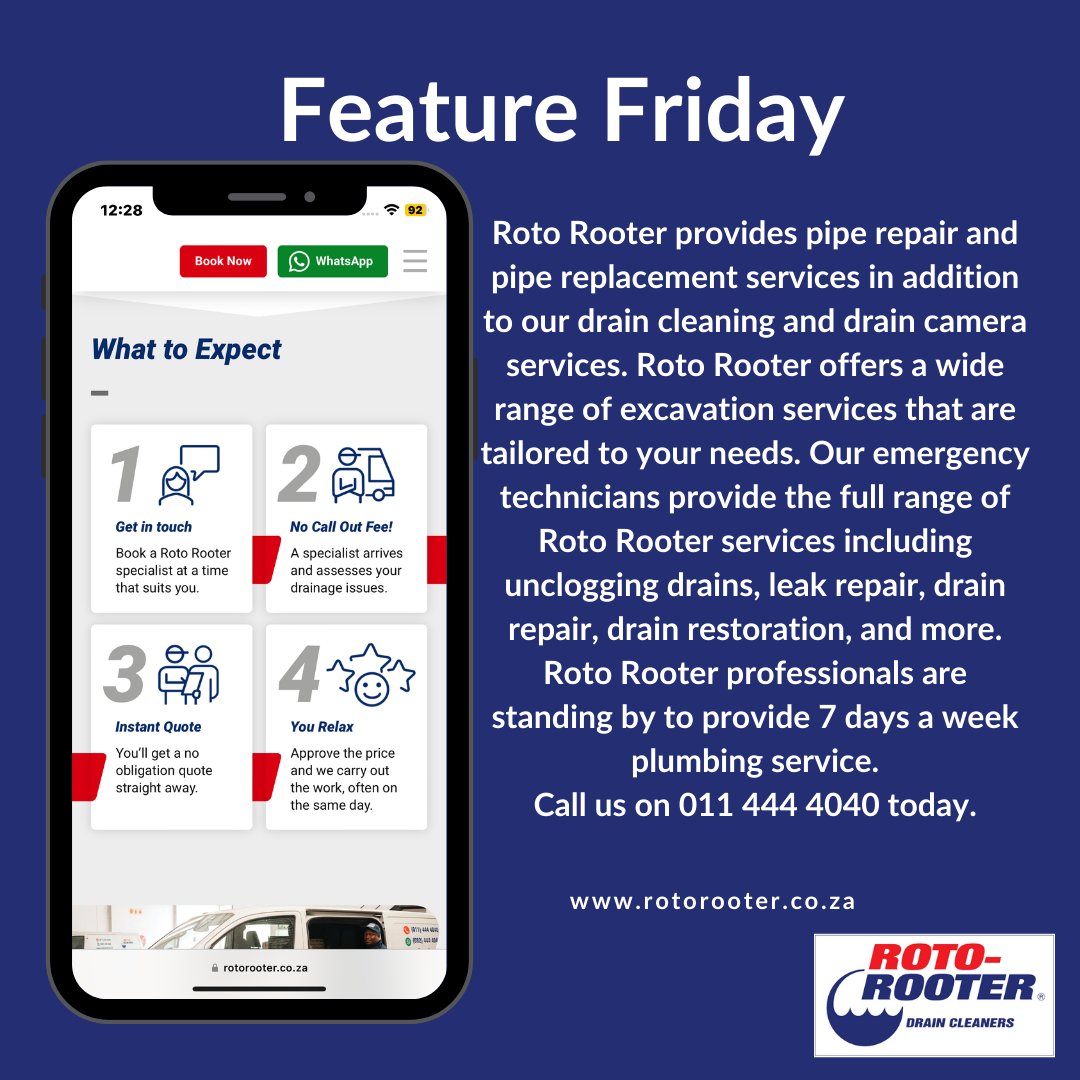 RotoRooterZA's tweet image. We&apos;re thrilled to showcase the array of pipeline services offered by Roto Rooter!

Experience the reliability and expertise of Roto Rooter&apos;s pipeline services. Contact us today to learn more and schedule your next service! 🌟🛠️ 

#FeatureFriday #RotoRooter #PipelineServices
