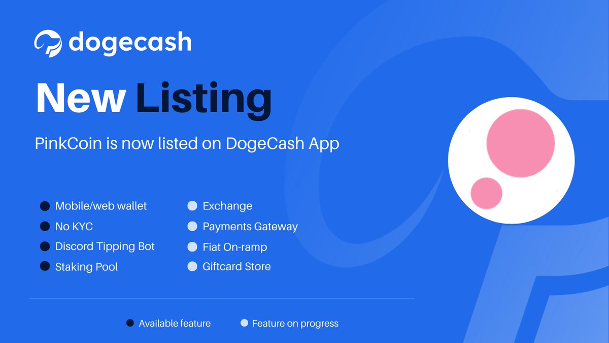 We are pleased to announce that <a href="/Pinkcoin_/">Pinkcoin Official</a> ( $PINK ) has been listed on the DogeCash App.

Download it on the Android or Apple store or try our browser version.

Web Browser
app.dogecash.net/auth/login

Play Store
play.google.com/store/apps/det…

Apple Store
apps.apple.com/app/dogecash-a…

#crypto
