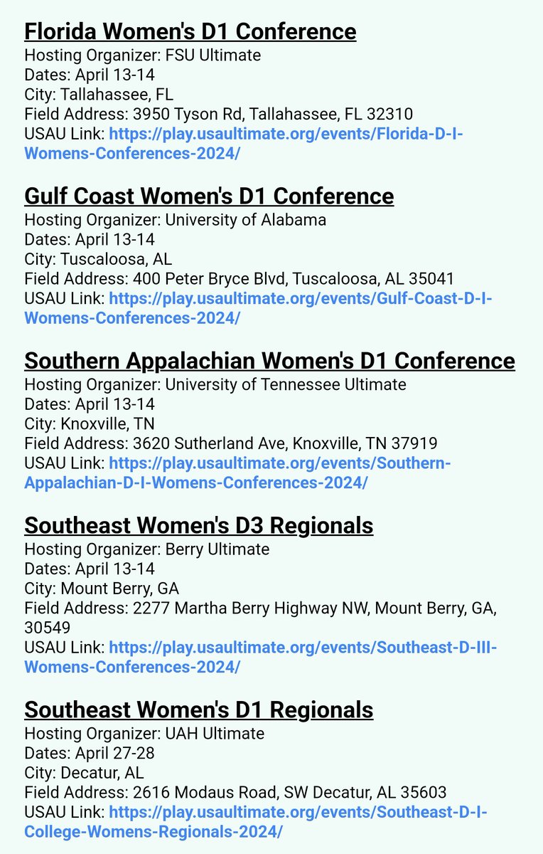 DarioUltimate's tweet photo. 2024 Women's southeast college conference and regional events https://t.co/b820u8HCQ6