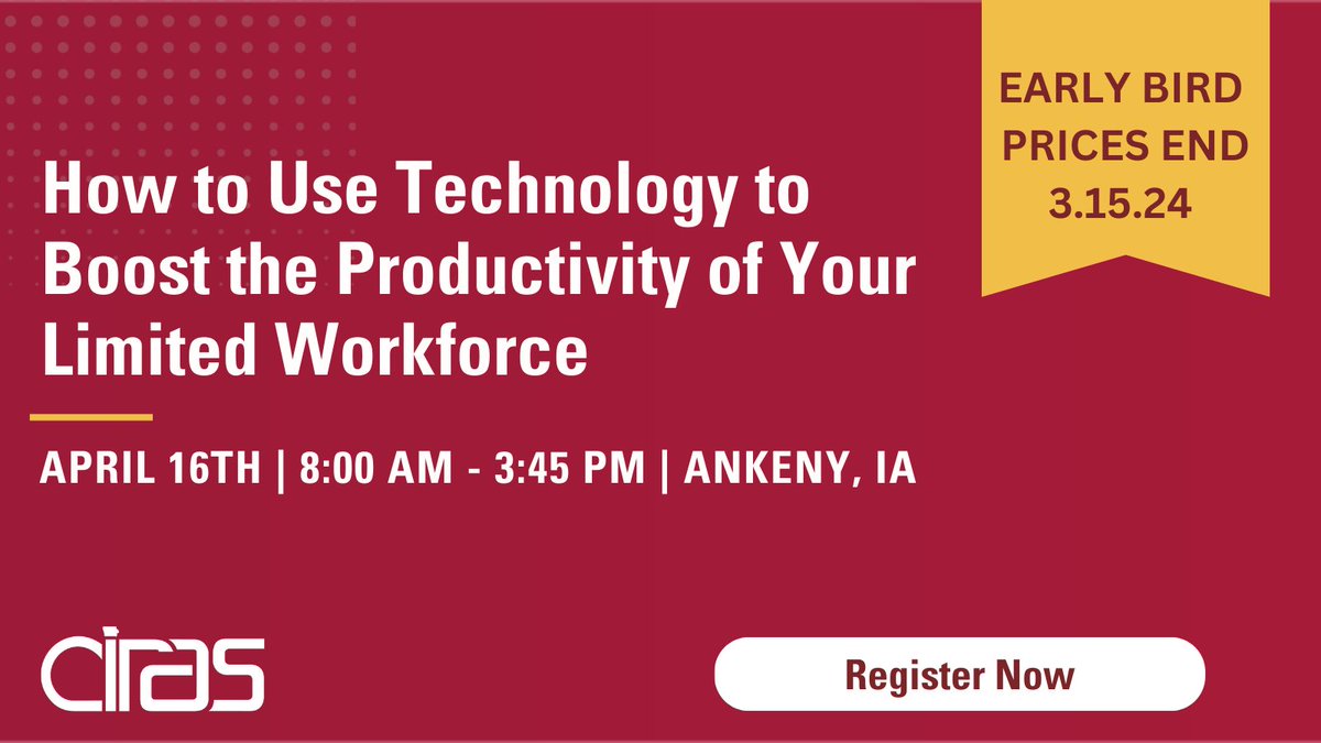 📢 Early bird ticket prices end TODAY!! Join us on April 16th in Ankeny to hear from Industry leaders at 'How to use technology to boost the productivity of your limited workforce.' Check out the full agenda & save with early bird prices: events.blackthorn.io/en/6g82hT47/ho… #CIRAS