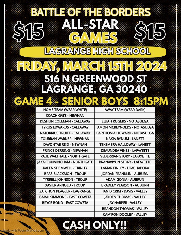 Newnan Hoops (@newnanhoops) on Twitter photo Come out to Lagrange tonight to support our 5 student-athletes competing in the Battle of the Borders All-Star games. Go Cougars!
<a href="/TourranWarner/">Tourran Warner</a>
<a href="/prince_derring0/">Prince Derring jr</a>
Davontae Reid
<a href="/JaydenM__3/">Jayden Morrison</a>
<a href="/jaylenBritt3/">Jaylen Britt</a> Come out to Lagrange tonight to support our 5 student-athletes competing in the Battle of the Borders All-Star games. Go Cougars!
<a href="/TourranWarner/">Tourran Warner</a>
<a href="/prince_derring0/">Prince Derring jr</a>
Davontae Reid
<a href="/JaydenM__3/">Jayden Morrison</a>
<a href="/jaylenBritt3/">Jaylen Britt</a>