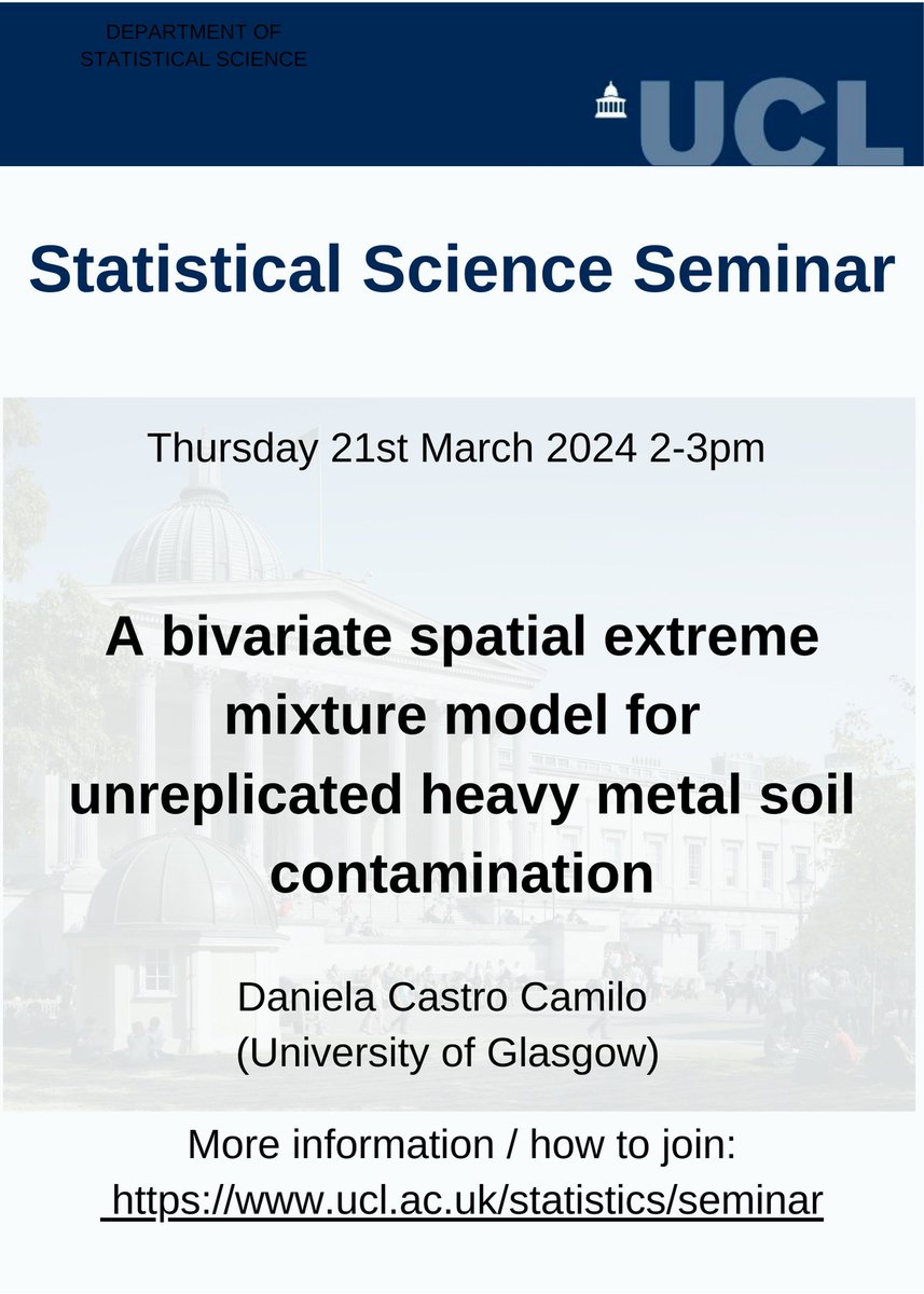 Next week's Departmental seminar will be given by Daniela Castro Camilo (University of Glasgow). @d4niCC Time and date: Thursday 21st March 2-3pm In-person location: 1-19 Torrington Place, B09 Link to join online: contact ( stats-seminars-join@ucl.ac.uk )