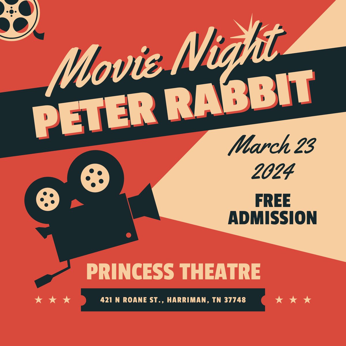 VisitRoane's tweet photo. ๐ฐHop over to the #PrincessTheatre on Saturday, March 23 at 7pm for a special screening of #PeterRabbit!๐ฌ Admission is FREE!๐ Concessions will be available for purchase.๐ฟ Brought to you by the @roanestate Arts & Lectures Committee.๐ท #roanestate #harriman #wheninroane https://t.co/d5G151IyfN